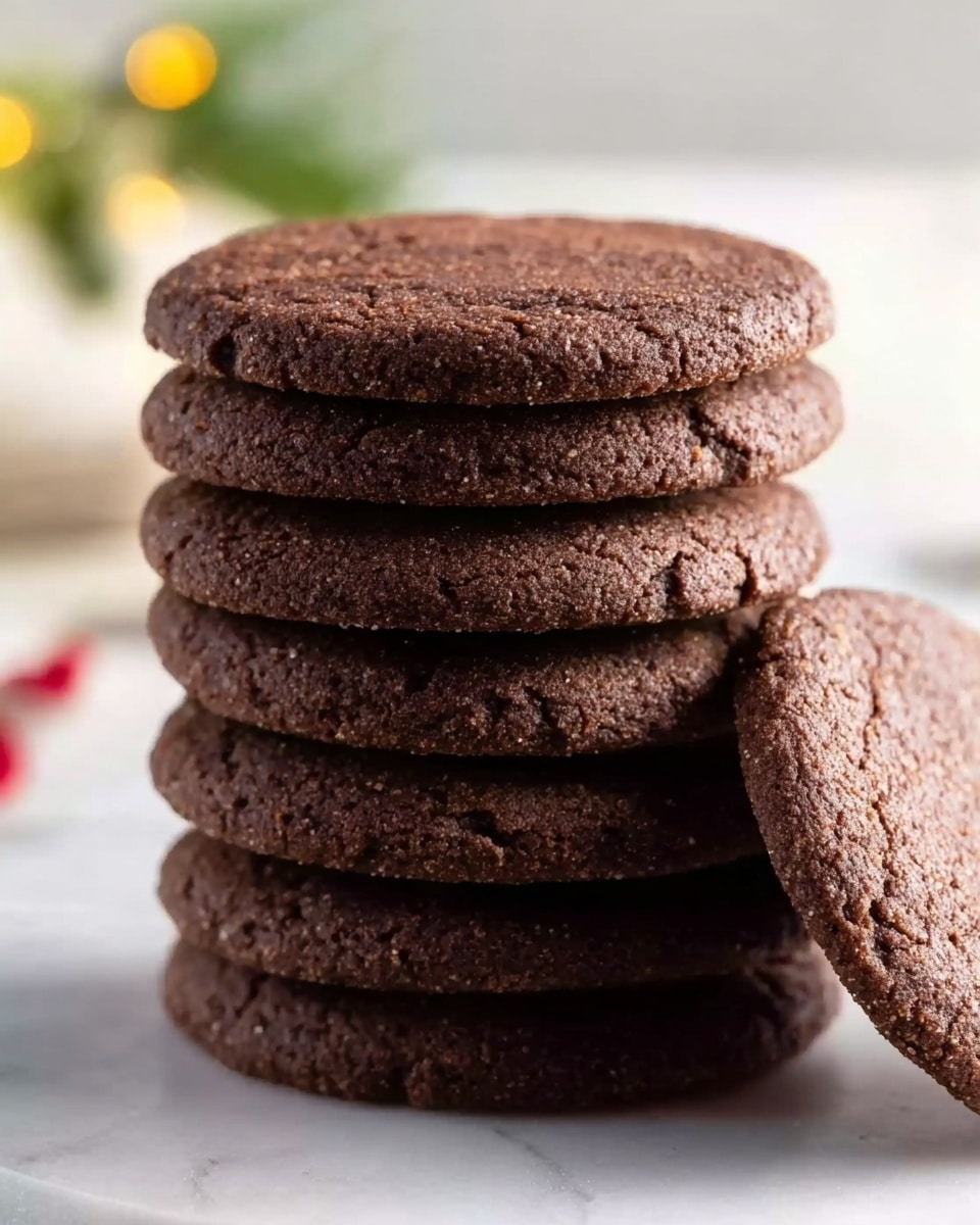 A tall stack of six thick, round chocolate cookies with a rough, slightly crumbly texture is placed on a white marbled surface. Each cookie has a rich dark brown color with subtle cracks on the edges. The cookies look soft yet firm, one cookie leaning gently on the stack on the right side. The background is blurred with light tones and hints of soft yellow and green, giving a cozy feeling. Photo taken with an iphone --ar 4:5 --v 7