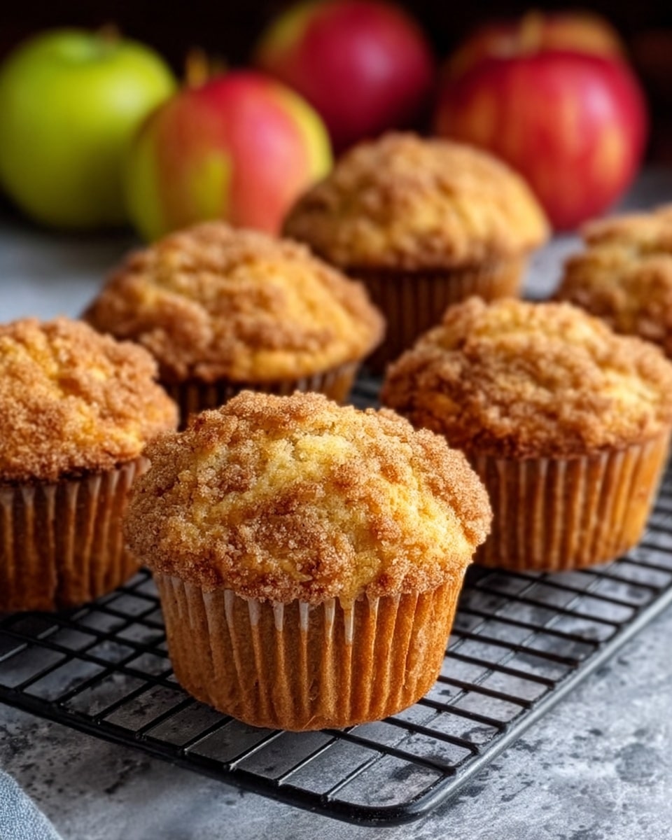 The image shows a close-up of five golden brown muffins with a crumbly topping, placed on a black metal cooling rack. The muffins have slightly domed tops with a textured surface that looks soft and moist inside. The background features a blurred mix of red and green apples resting on a white marbled surface, adding a fresh and cozy feel to the scene. The lighting highlights the warm tones and the crispness of the muffin edges, making them look freshly baked and inviting. photo taken with an iphone --ar 4:5 --v 7