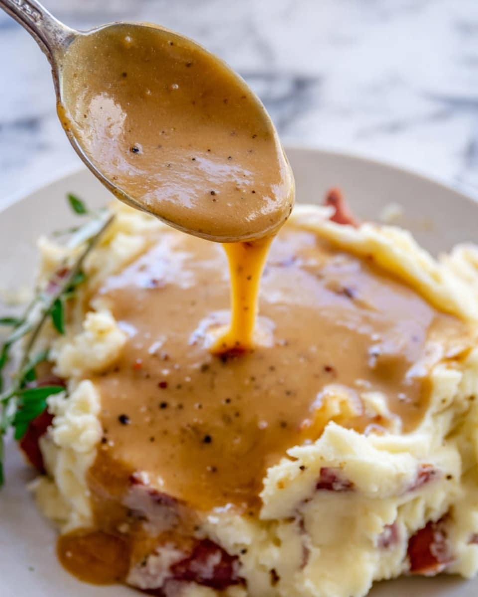 A close-up shot showing a thick, brown gravy being poured from a ladle onto creamy mashed potatoes with visible small chunks of red potato skin mixed in. The mashed potatoes form the bottom layer, soft and lumpy with a light off-white color and some purple-red spots from the potato skin. The gravy is smooth with tiny black pepper specks, and it drips slowly from the ladle onto the center of the potatoes. There is a small green herb sprig placed on the side of the mashed potatoes. The dish is set on a white surface with a marbled texture. Photo taken with an iphone --ar 4:5 --v 7