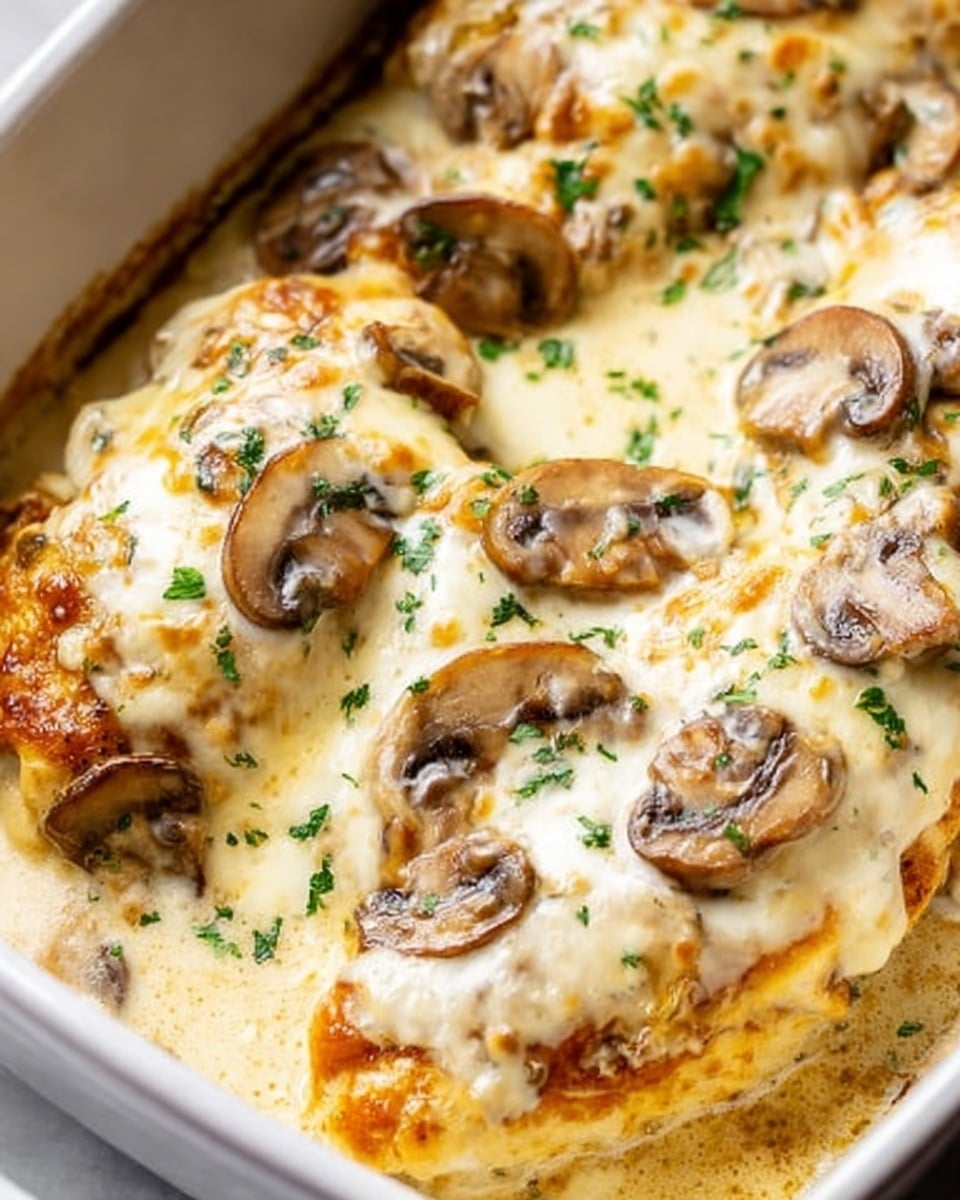 The image shows a white rectangular baking dish filled with a creamy baked dish. The top layer has melted golden-brown cheese slightly browned in spots, with scattered cooked mushroom slices giving it texture. Below the cheese, a creamy sauce mixed with finely chopped green herbs coats the dish. The food looks soft and rich, with the layers blending into one another under the melted cheese and sauce. The dish sits on a white marbled surface. photo taken with an iphone --ar 4:5 --v 7