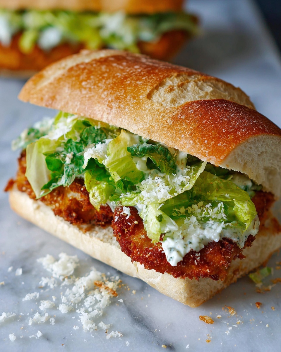 A sandwich with a crispy, golden-brown fried chicken fillet as the bottom layer, topped with fresh green lettuce coated in a creamy white dressing, and sprinkled with shredded white cheese. The sandwich is held together by a lightly toasted crusty bread roll with a golden crust and soft white inside. The sandwich sits on white parchment paper over a white marbled surface with some scattered shredded cheese around it. Photo taken with an iphone --ar 4:5 --v 7