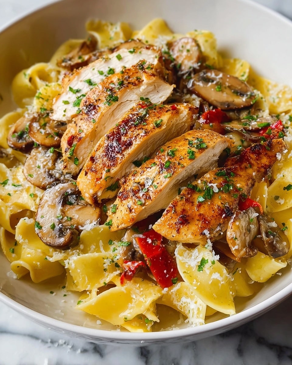 The image shows a white bowl filled with pasta at the bottom layer, topped with golden-brown grilled chicken pieces arranged across the bowl. There are sliced mushrooms and red bell pepper strips mixed around the chicken, adding earthy and bright colors. The dish is sprinkled with finely chopped green herbs and grated cheese, scattered evenly over the top, creating a fresh and textured finish. The background has a white marbled texture. photo taken with an iphone --ar 4:5 --v 7