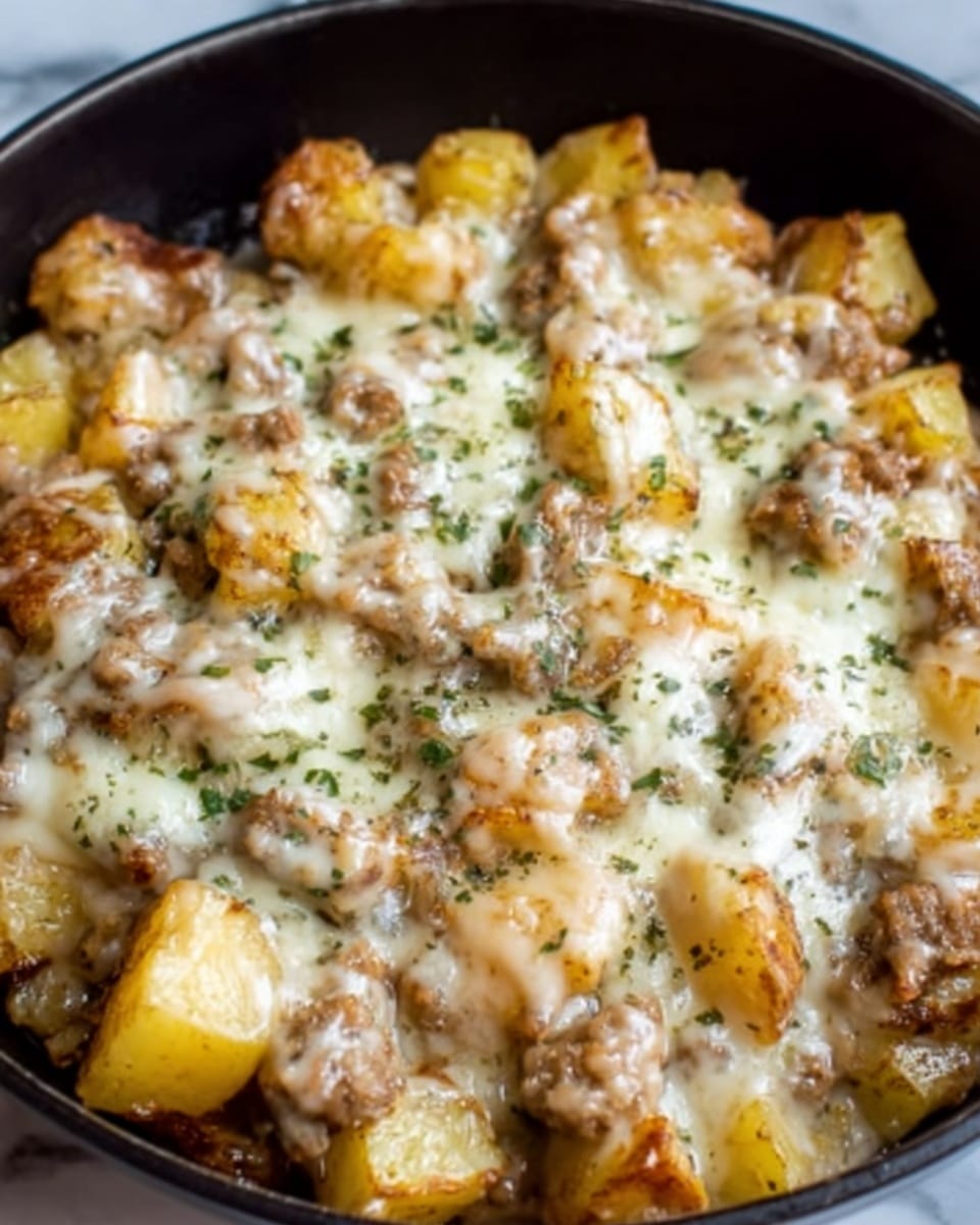 The image shows a close-up of a dish in a white bowl filled with small, golden-brown roasted potatoes as the base layer, topped with a generous layer of melted, creamy cheese that stretches slightly, sprinkled lightly with green herbs and small bits of black pepper. The cheese covers the potatoes unevenly, creating a mix of white and yellowish tones with a slightly crispy texture in some spots. The dish sits on a white marbled texture surface. photo taken with an iphone --ar 4:5 --v 7