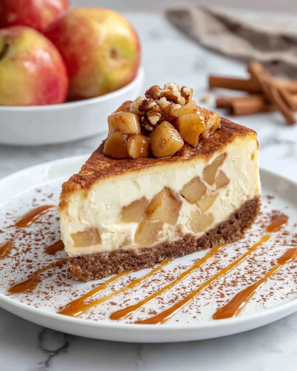 A slice of three-layered cheesecake on a white plate with caramel drizzle lines and a light dusting of cocoa powder. The bottom layer is a thick, crumbly brown crust. The middle layer is a creamy, light yellow cheesecake filling with small chunks of apple visible inside. The top layer is baked to a golden brown and topped with caramelized apple pieces and a small cluster of nuts. The plate sits on a white marbled surface, and in the background there is a white bowl filled with whole apples and cinnamon sticks. Photo taken with an iphone --ar 4:5 --v 7