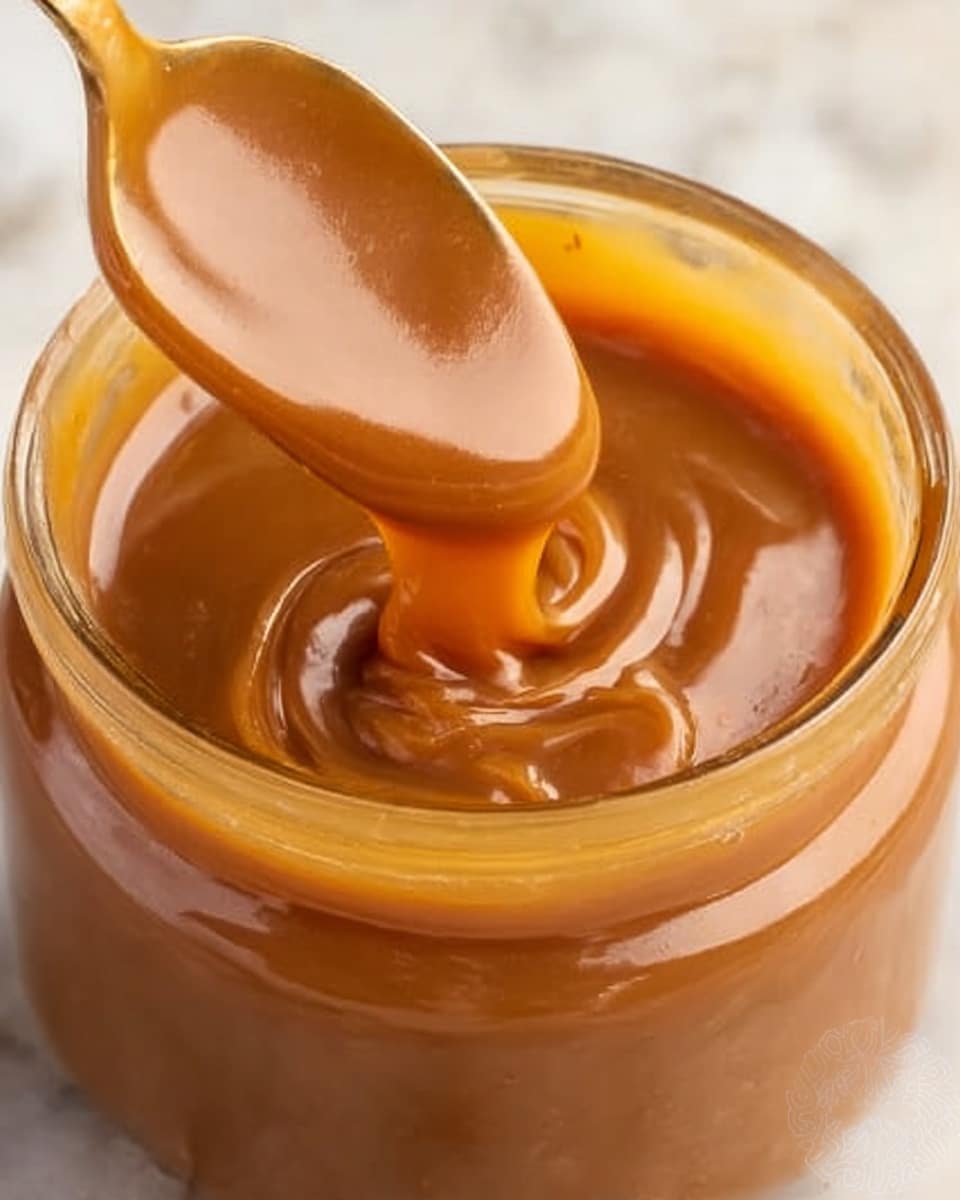The image shows a close-up view of a clear glass jar filled with smooth, shiny caramel sauce. The caramel has a rich golden brown color with a glossy texture, and a spoon is dipped inside the jar, lifting some caramel in a thick, flowing swirl. The background features a white marbled surface that softly contrasts with the warm tones of the caramel. Photo taken with an iphone --ar 4:5 --v 7