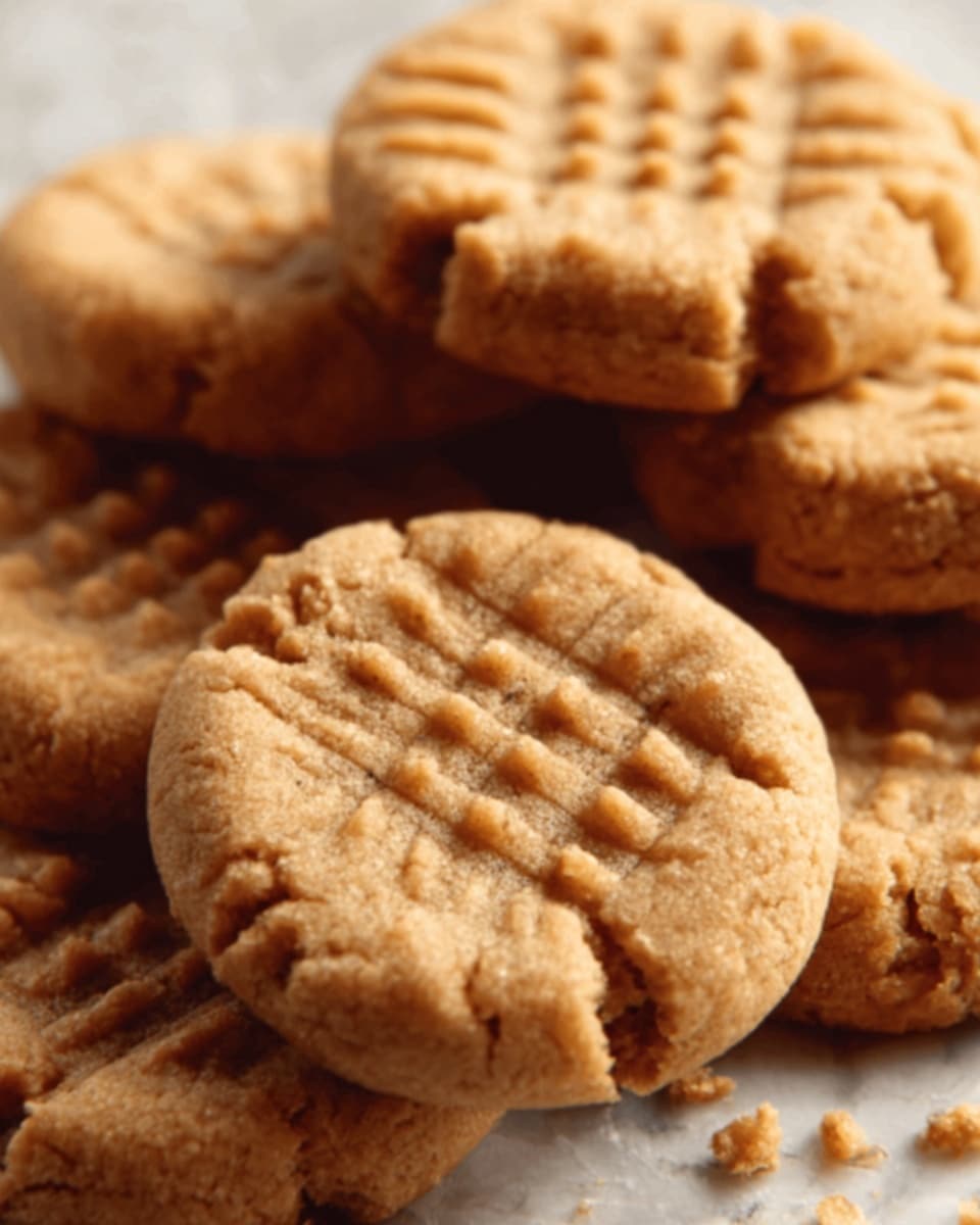 The image shows a close-up of light brown peanut butter cookies with a crisscross fork pattern pressed into their round tops. Each cookie has a slightly rough, crumbly texture with visible small cracks. The cookies are stacked and scattered on a flat surface with a white marbled texture in the background. The warm color of the cookies contrasts softly with the cool white marble underneath, making the cookies look fresh and soft. photo taken with an iphone --ar 4:5 --v 7