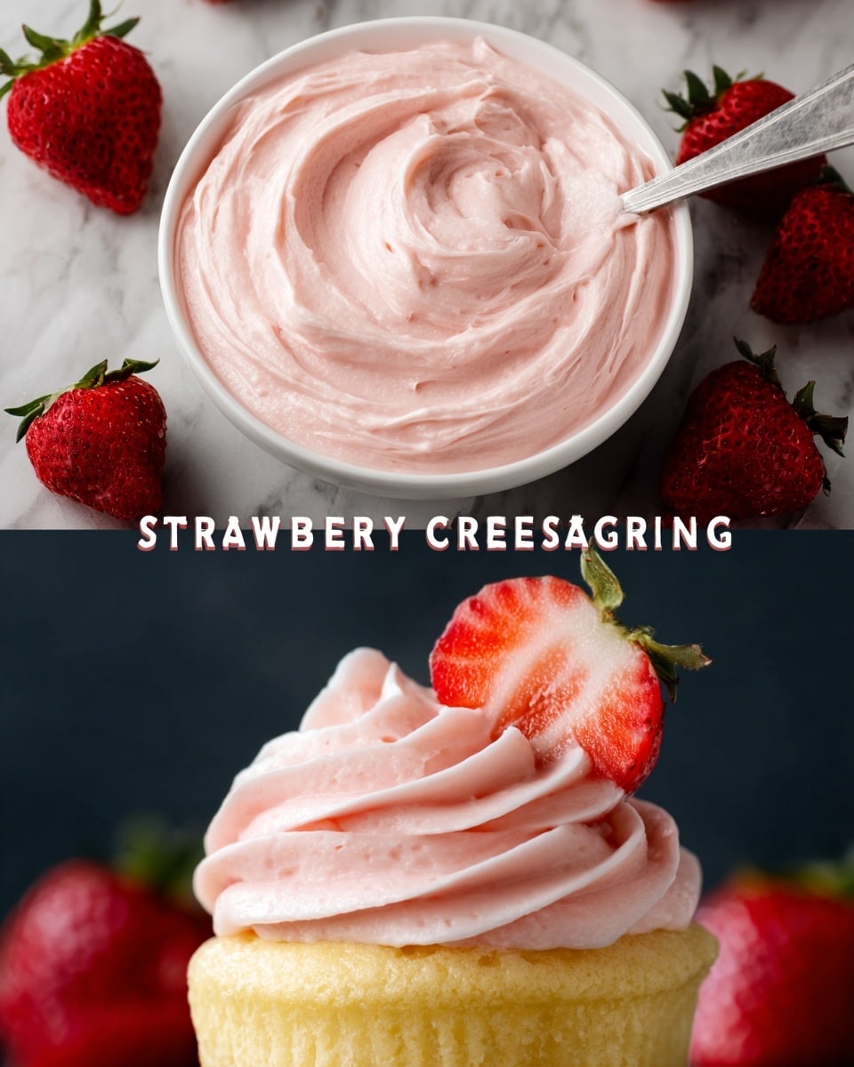 The image shows two parts: the top part has a white bowl filled with smooth, thick, light pink strawberry cream cheese frosting with swirled texture, and a spatula resting inside the bowl; around the bowl, there are several fresh red strawberries scattered on a white marbled surface. The bottom part features a close-up of a cupcake with three visible layers: the base is a soft yellow cupcake, topped with a large swirl of creamy light pink frosting with a smooth texture, finished with a thin slice of fresh red strawberry inserted on the side. The background is blurred and dark, making the frosting and strawberry stand out. Photo taken with an iphone --ar 4:5 --v 7
