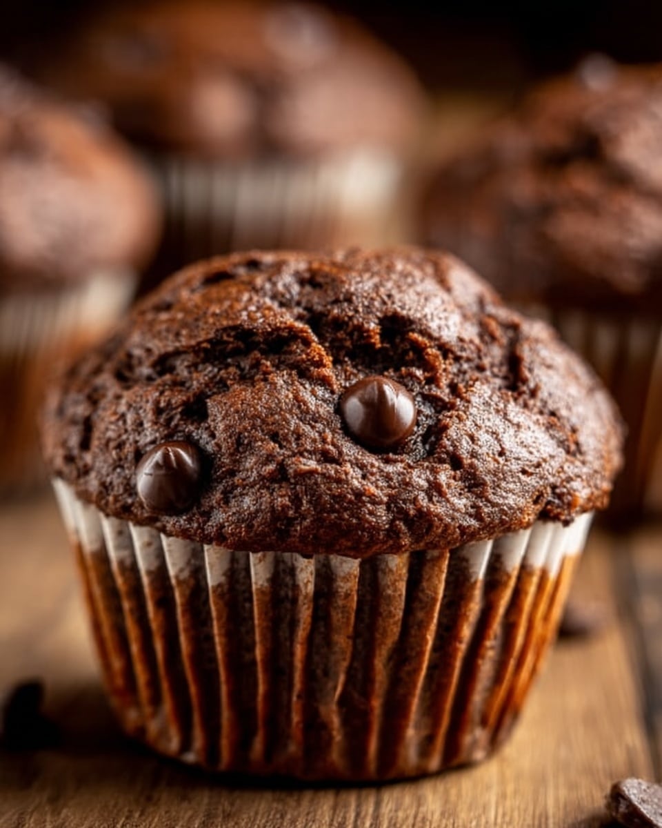 A close-up view of a chocolate muffin with a cracked top showing moist, dark brown cake inside and melted chocolate chips scattered on top and throughout. The muffin rests in a white paper liner with ridges, sitting on a white marbled texture surface. In the blurred background, two more chocolate muffins in white paper liners are visible, creating depth. The lighting highlights the soft, rich texture and the shine of the chocolate chips. Photo taken with an iphone --ar 4:5 --v 7
