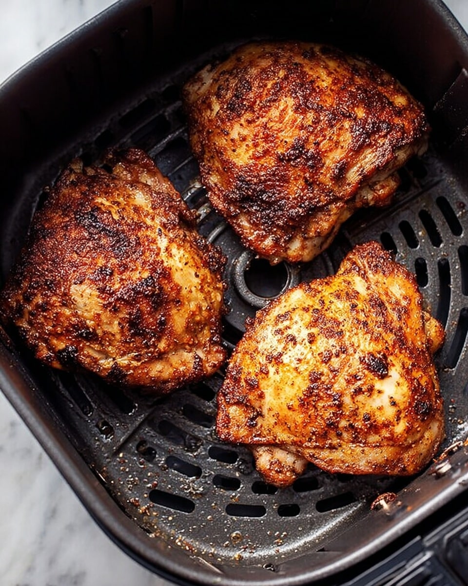 The image shows three pieces of cooked chicken thighs inside a black air fryer basket. Each piece has a crispy, browned skin covered with a mix of reddish and dark brown spice rub. The chicken pieces are placed loosely in a triangular shape, with a bit of space in between, showing the holes and ridges of the black basket underneath. The lighting highlights the crispy texture and rich color of the chicken skin against the dark basket. The background is a white marbled texture. Photo taken with an iphone --ar 4:5 --v 7