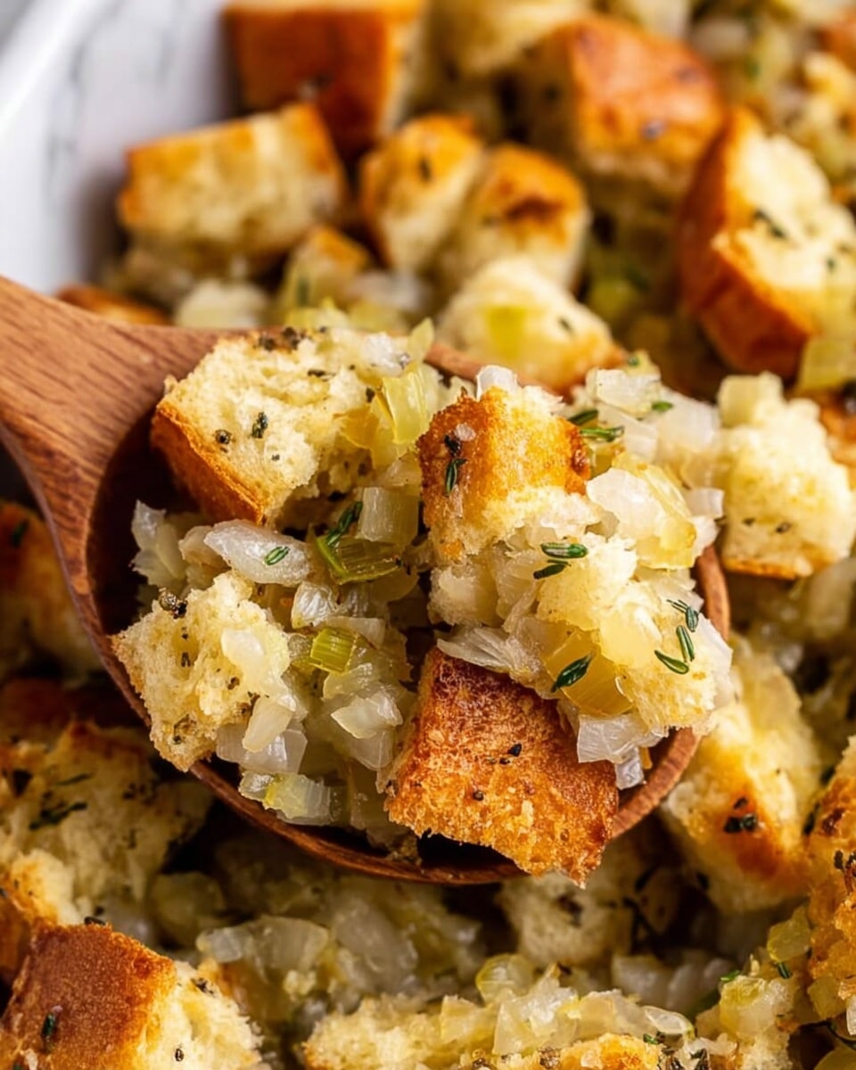 The dish shows many pieces of golden brown toasted bread cubes mixed with cooked, translucent onions and small bits of herbs. The bread cubes are soft inside with a crispy crust on the outside, some showing a light sprinkling of black pepper and green herbs. The onions add a shiny, slightly wilted texture and pale yellow color between the bread pieces. The mixture has a rough and chunky appearance with a mix of soft and crunchy textures close together. A wooden spoon lifts a scoop of the mix from below, highlighting the layers of crispy bread and tender onions. The background is a white marbled texture. photo taken with an iphone --ar 4:5 --v 7