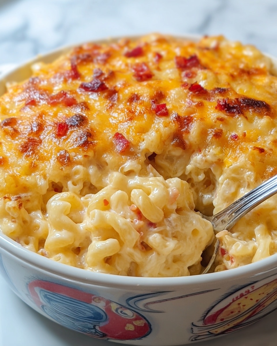 A close-up view of creamy macaroni and cheese in a white bowl with colorful designs, showing a top golden-brown melted cheese layer with small red bits, likely bacon or pepper, evenly spread across. Beneath the crispy top is a smooth, pale yellow cheese sauce coating small elbow macaroni, with a few pieces scooped out by a silver spoon visible on the right side. The bowl is placed on a white marbled surface, highlighting the rich colors and textures of the dish. Photo taken with an iphone --ar 4:5 --v 7