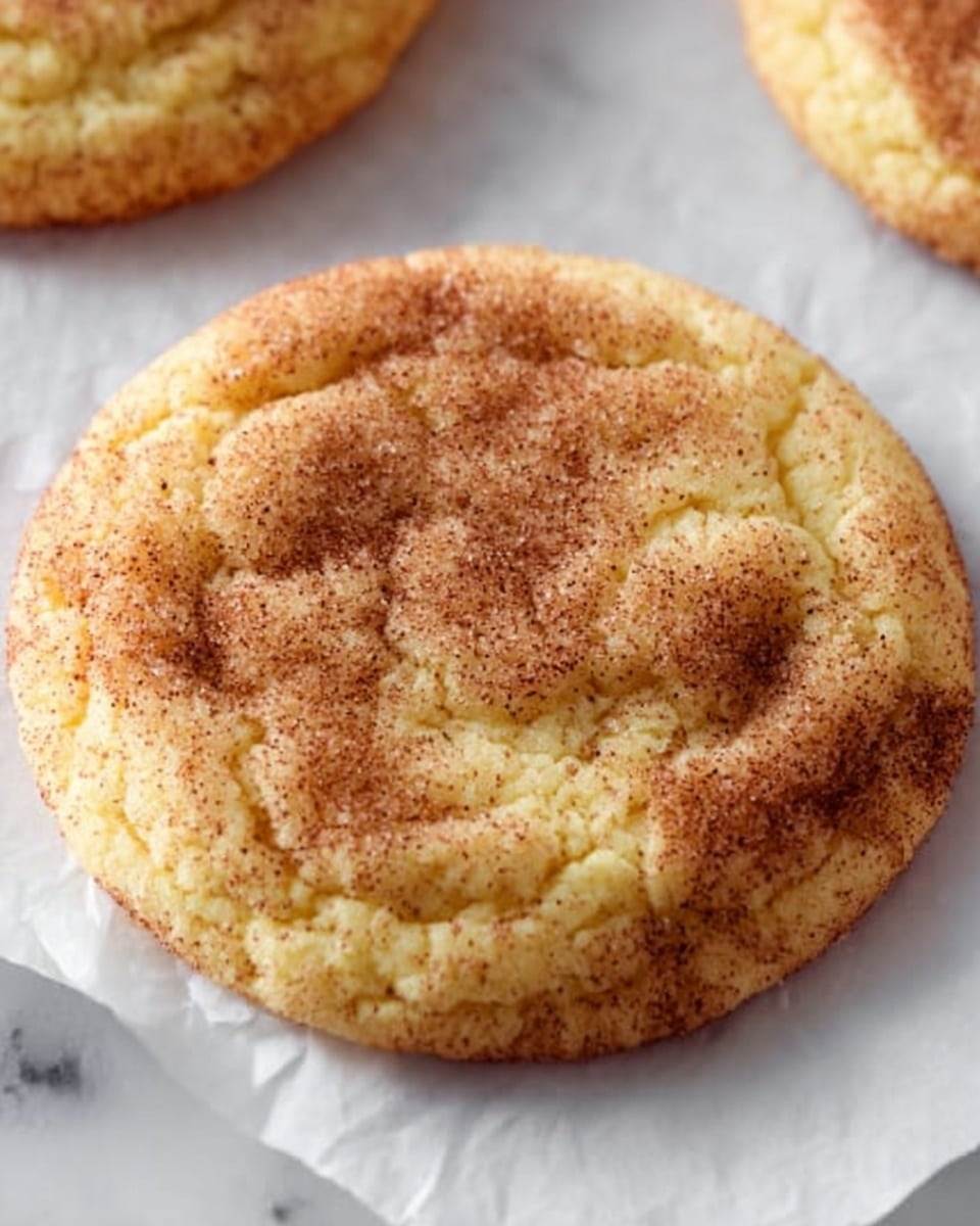 A close-up image showing a round cookie with a slightly cracked top layer, covered in a light dusting of cinnamon sugar. The cookie has a soft, chewy texture with a golden-yellow base and a slightly darker brown cinnamon sprinkle in the middle and edges. It rests on white parchment paper with part of another cookie visible on the side, all placed on a white marbled surface. photo taken with an iphone --ar 4:5 --v 7