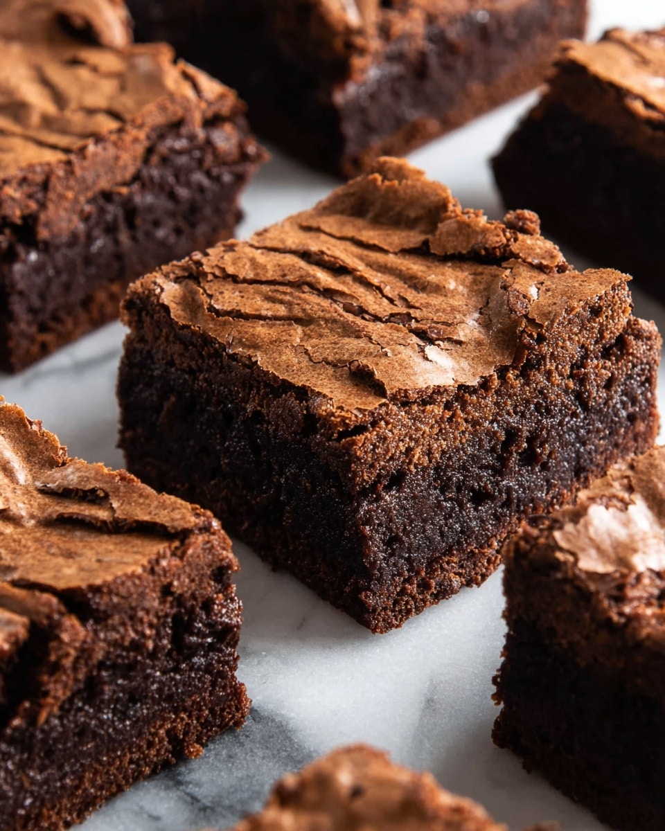 The image shows several thick, square-shaped brownies with two visible layers: the bottom layer is dark brown, dense, and moist, while the top layer is a lighter brown, slightly cracked, and textured with a crisp crust. The brownies are placed closely together on a white marbled surface, with crumbs scattered around them, highlighting their rich and fudgy texture. Photo taken with an iphone --ar 4:5 --v 7