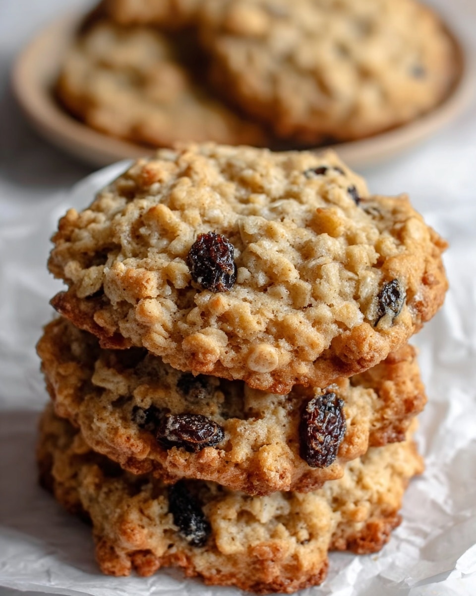 A close-up view of a stack of three oatmeal raisin cookies, each cookie showing a rough, crumbly texture with visible oats and dark raisins embedded throughout. The top cookie has a golden-brown edge and a light tan, chewy center with uneven surface shapes. The cookies rest on a crumpled white paper on a white marbled surface, with another plate of cookies blurred in the background. The image captures the warm, homemade feel of the cookies. photo taken with an iphone --ar 4:5 --v 7