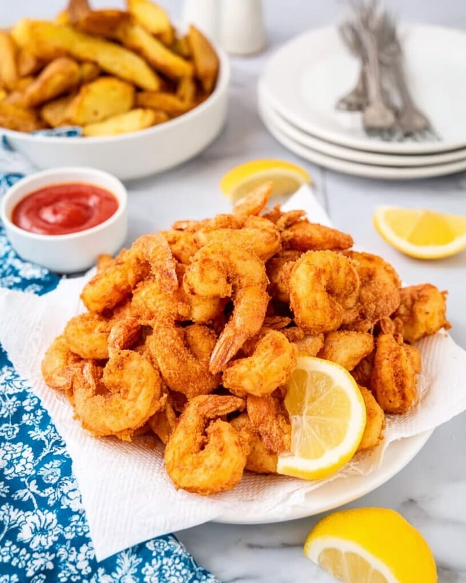 A white plate is piled high with golden brown fried shrimp that have a crispy texture. The shrimp are arranged in a loose heap on top of white paper towels to catch the oil, with a bright yellow lemon wedge placed on the right side of the plate. Behind the shrimp plate, there is another white dish filled with fried potato wedges, also golden brown and crispy. In the background, a small white bowl holds red dipping sauce, and there are white plates stacked with silver forks on the right. The whole scene is set on a white marbled surface with some lemon wedges scattered around. A blue cloth with a white floral pattern peeks in at the bottom left corner of the image. Photo taken with an iphone --ar 4:5 --v 7