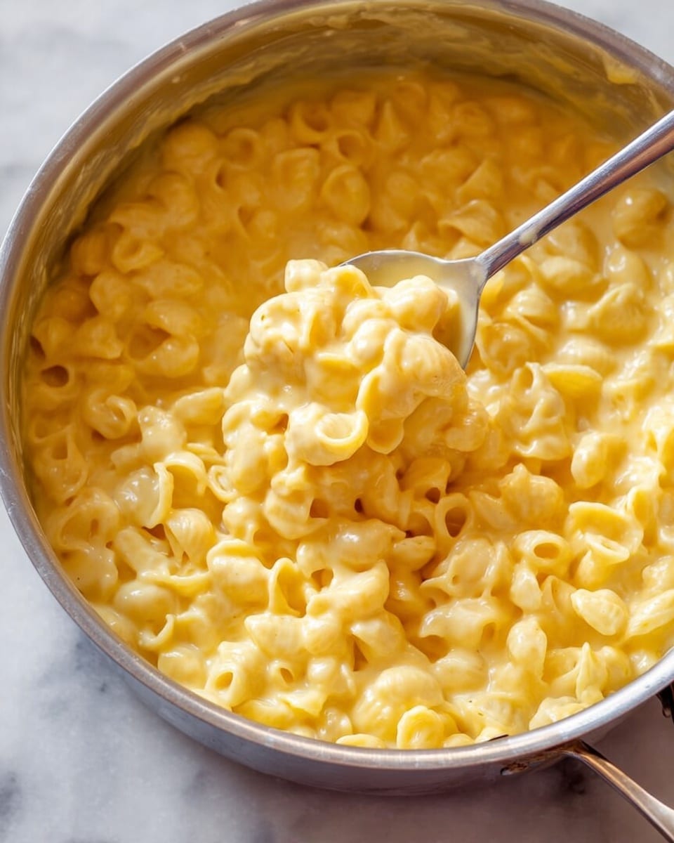 A close-up view of a large silver pot filled with creamy macaroni and cheese, showing a thick, smooth cheese sauce that coats small shell pasta evenly. The cheese sauce has a rich yellow color with a slightly shiny texture. A silver spoon is scooping a portion from the middle, lifting up the pasta which looks soft and well cooked. The background is a white marbled texture. photo taken with an iphone --ar 4:5 --v 7