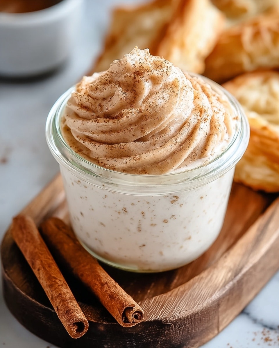 A small clear glass jar filled with a two-layer dessert placed on a wooden board; the bottom layer is white with visible tiny specks suggesting a creamy, thick texture, and the top layer is a light brown whipped cream with a smooth, swirled texture, sprinkled lightly with ground cinnamon. Two whole cinnamon sticks lie next to the jar on the board, and in the blurred background, there are pieces of light golden flaky pastry. The whole setup is on a white marbled surface. photo taken with an iphone --ar 4:5 --v 7