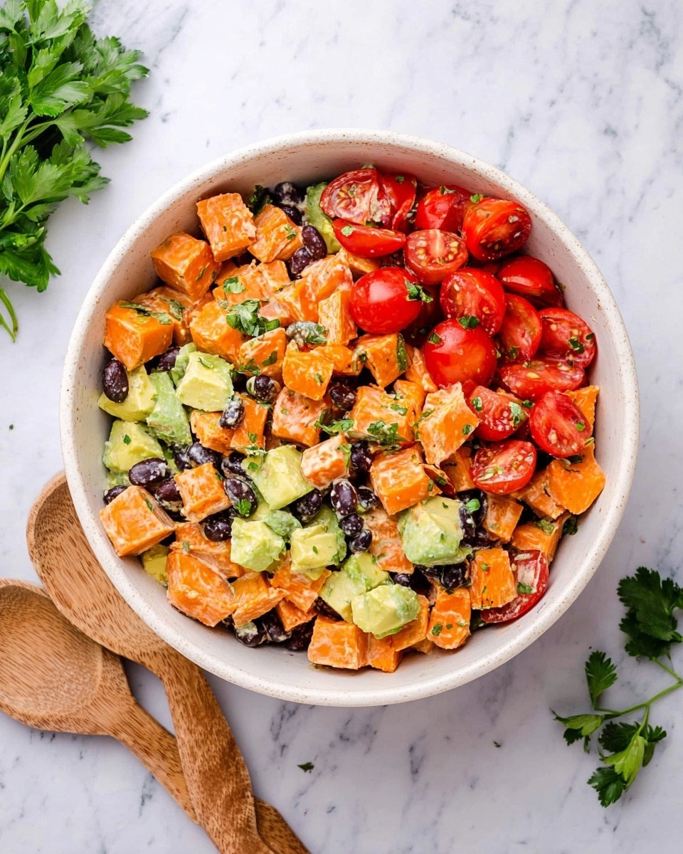 A bowl of colorful salad with four main layers is shown from above on a white marbled surface. The first layer is cooked orange sweet potato chunks, soft and slightly coated with a creamy dressing. Scattered among these are small black beans adding contrast. The next layer includes chopped light green avocado pieces, soft and smooth in texture. Bright red cherry tomato halves and quarters sit on top, juicy and fresh. Bits of green herbs are sprinkled all over, adding a fresh touch. The bowl is white and simple, beside it lie two wooden salad spoons and a bunch of fresh parsley in the corner. Photo taken with an iphone --ar 4:5 --v 7