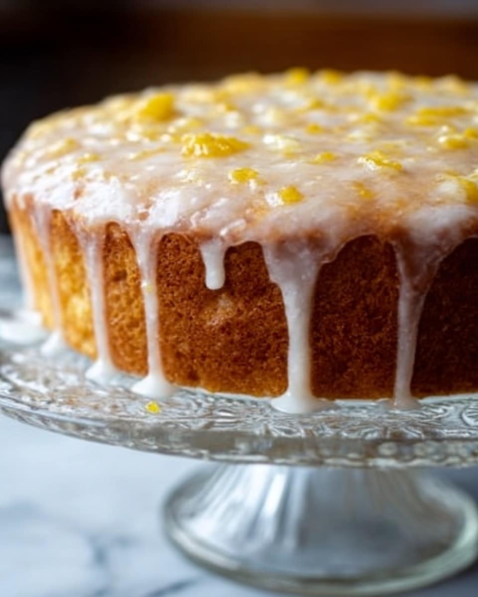 A close-up image of a single-layer round cake with a golden-brown crust and a shiny, thick white glaze dripping down the sides. The glaze has small yellow spots that look like lemon zest or butter pieces spread unevenly across the top. The cake is placed on a clear glass cake stand with an ornate design, set on a white marbled surface. The background is softly blurred to keep the focus on the cake. photo taken with an iphone --ar 4:5 --v 7