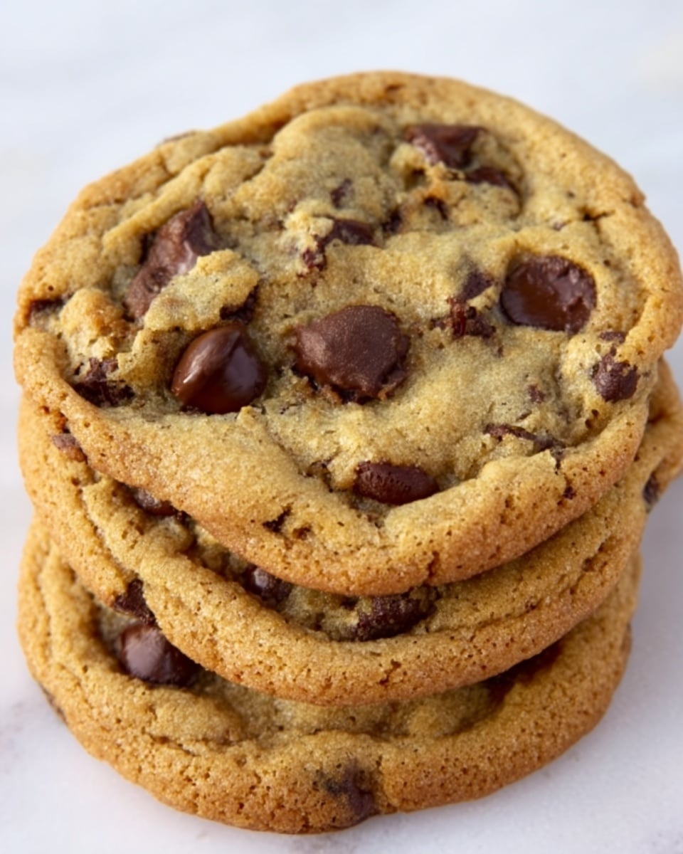 The image shows three chocolate chip cookies stacked on top of each other, with the top cookie fully visible. The cookies are golden brown with a slightly crispy edge and softer, chewy center. Dark chocolate chips of different sizes are scattered unevenly across the surface, some slightly melted and embedded in the dough. The cookies have a cracked texture with a warm, inviting look. They rest on a smooth white marbled surface. photo taken with an iphone --ar 4:5 --v 7