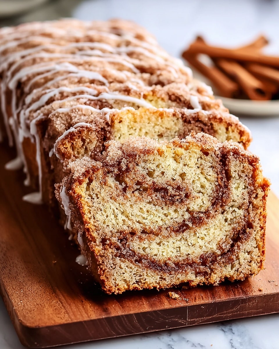 A loaf of cinnamon swirl bread is sliced and placed on a wooden board over a white marbled background. The bread has three visible layers: a golden brown crunchy crust on the outside, a thick light tan crumb in the middle, and a dark cinnamon swirl running through the center of the loaf, creating a spiral pattern. The top of the loaf is drizzled with white icing in thin lines. Two cinnamon sticks lie blurred in the background on the left side. Photo taken with an iphone --ar 4:5 --v 7