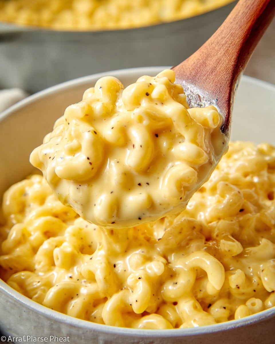 A close-up view of creamy macaroni and cheese showing a wooden spoon holding a spoonful of soft, curved elbow macaroni pasta coated in smooth, thick, yellow cheese sauce with tiny black specks of pepper. The background shows more macaroni mixed in the same rich cheese sauce inside a white pot, all set on a white marbled surface. photo taken with an iphone --ar 4:5 --v 7