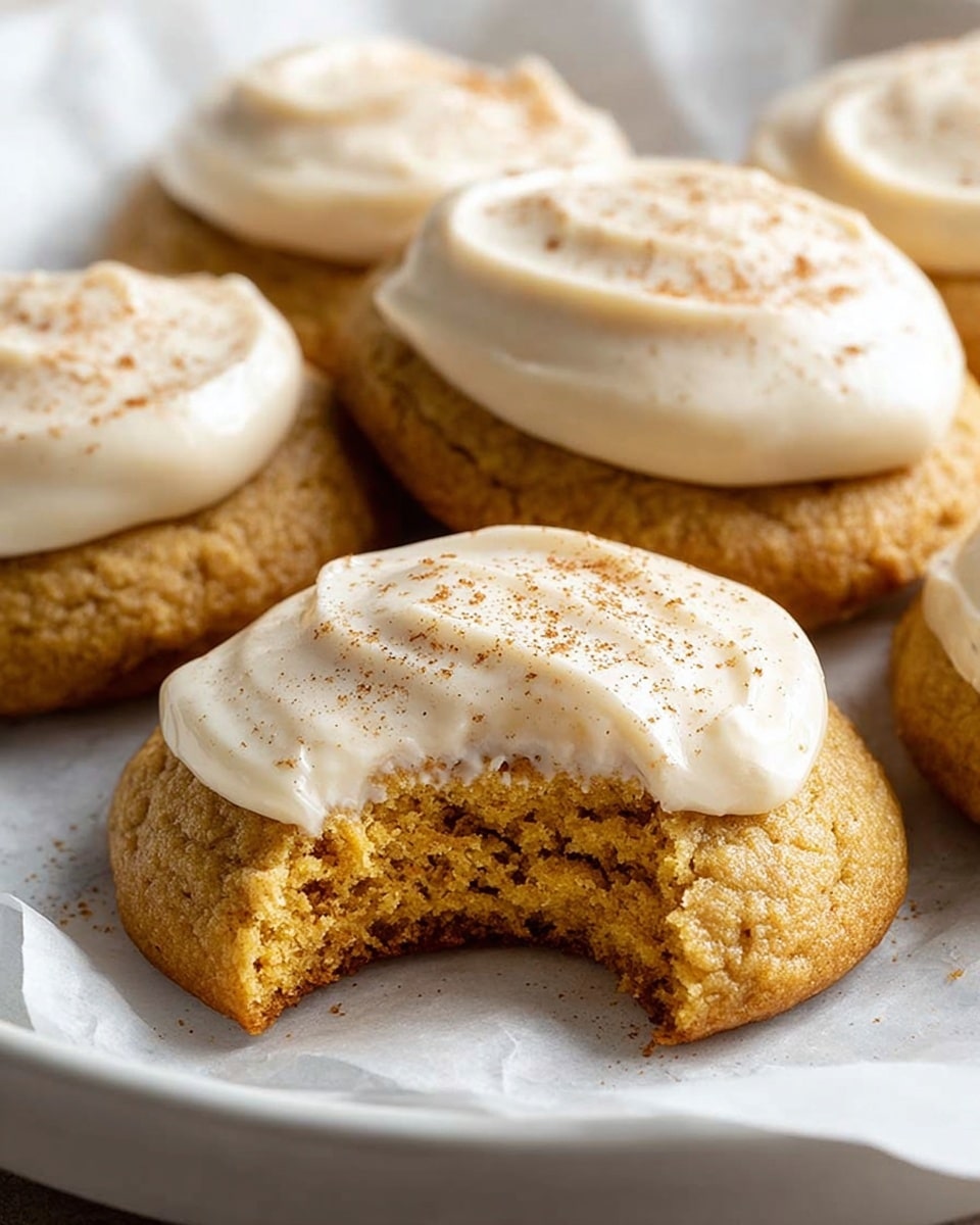 The image shows soft round cookies with a light golden brown base layer that looks moist and crumbly, each topped with a thick, creamy white frosting layer sprinkled lightly with brown spice on top. One cookie in the foreground has a bite taken out, revealing the crumbly texture inside. The cookies are placed on white parchment paper inside a white dish, all resting on a white marbled surface. The overall look is warm and inviting with a soft, smooth texture on the frosting and a slightly rough cookie base. photo taken with an iphone --ar 4:5 --v 7
