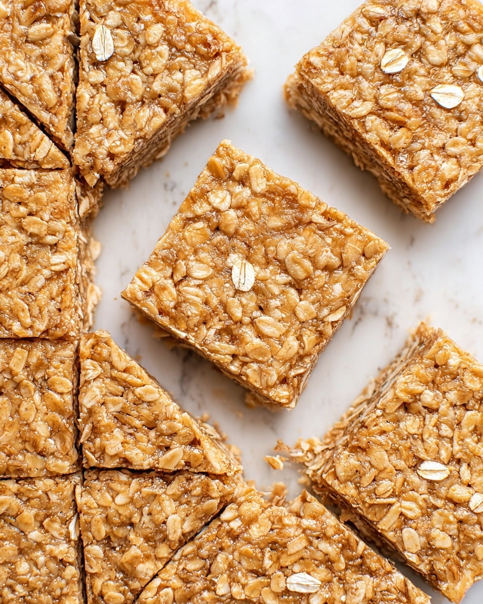 Close-up of nine square oat bars arranged closely on a white marbled surface, showing their rough texture from visible oats mixed together tightly in a light brown color. One oat bar is slightly lifted at an angle, revealing the bottom layer with a similar oat texture and color. Some oat flakes are scattered on top of a few bars, adding small white highlights. The bars are thick with a dense, chewy appearance, all blends of golden and tan shades. Photo taken with an iphone --ar 4:5 --v 7