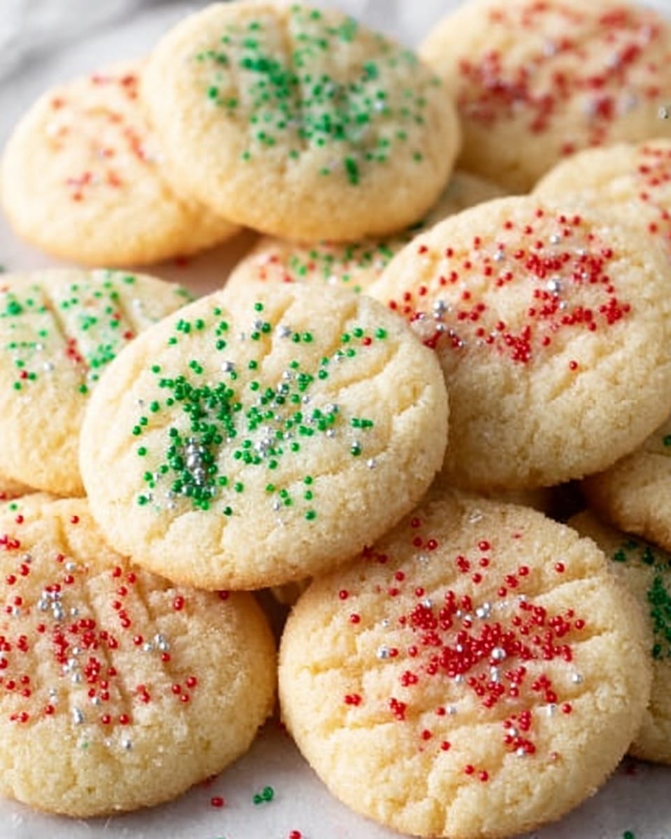 The image shows a close-up of many small round cookies stacked on top of each other on a white plate. Each cookie is pale golden in color with slightly rough edges and a soft texture. The tops have light fork marks pressed in lines, creating shallow grooves. They are decorated with red, green, and white sugar sprinkles scattered lightly across their surfaces, giving a festive look. The plate is placed on a white marbled surface. photo taken with an iphone --ar 4:5 --v 7
