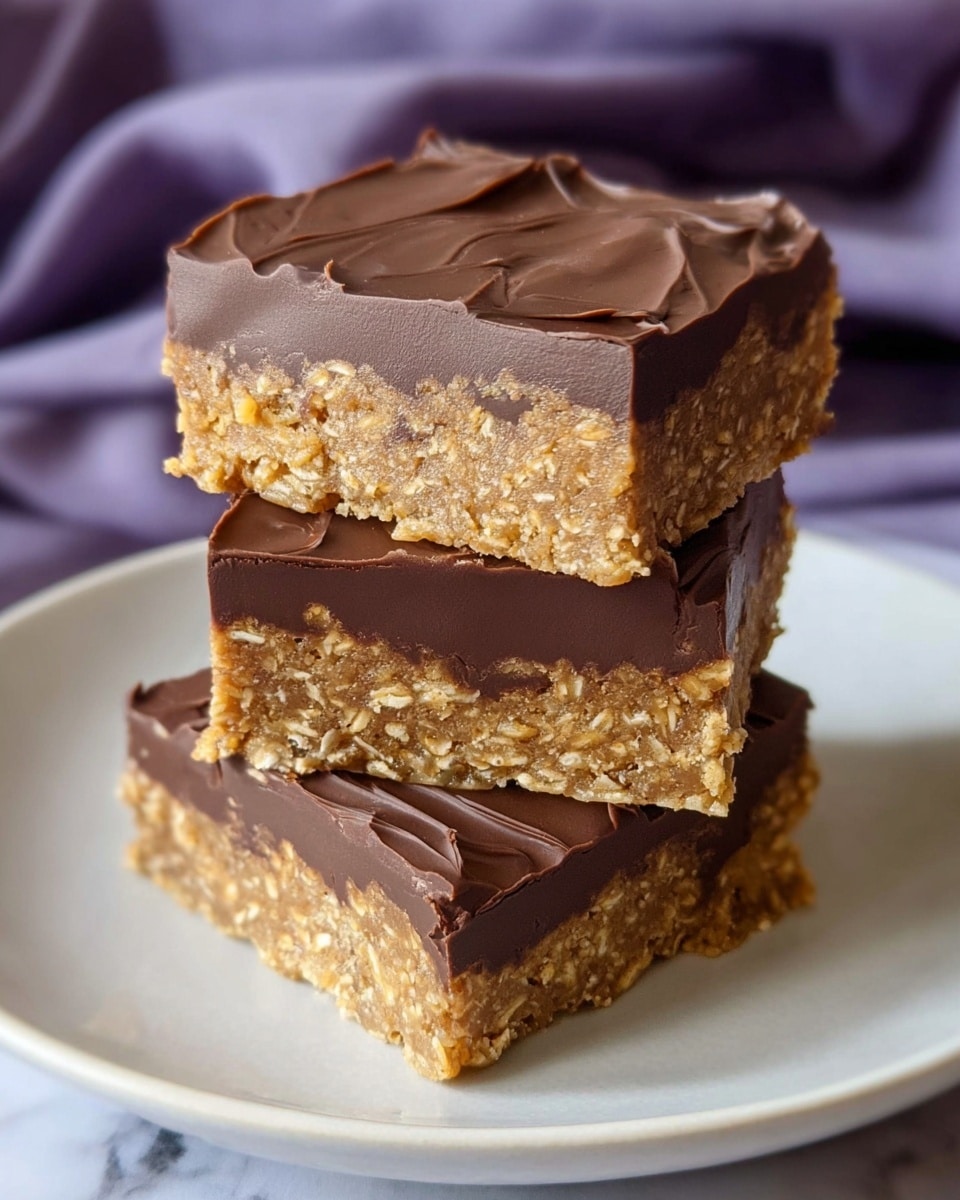 The image shows three thick, square dessert bars stacked on top of each other on a white plate. Each bar has two layers: a thick, dense bottom layer with a light golden-brown color and a crumbly texture mixed with oats or similar grains, and a smooth, darker brown chocolate layer on top. The top chocolate layer has a shiny surface with soft, gentle swirls. The background shows a softly blurred purple fabric, and the plate sits on a white marbled surface. photo taken with an iphone --ar 4:5 --v 7