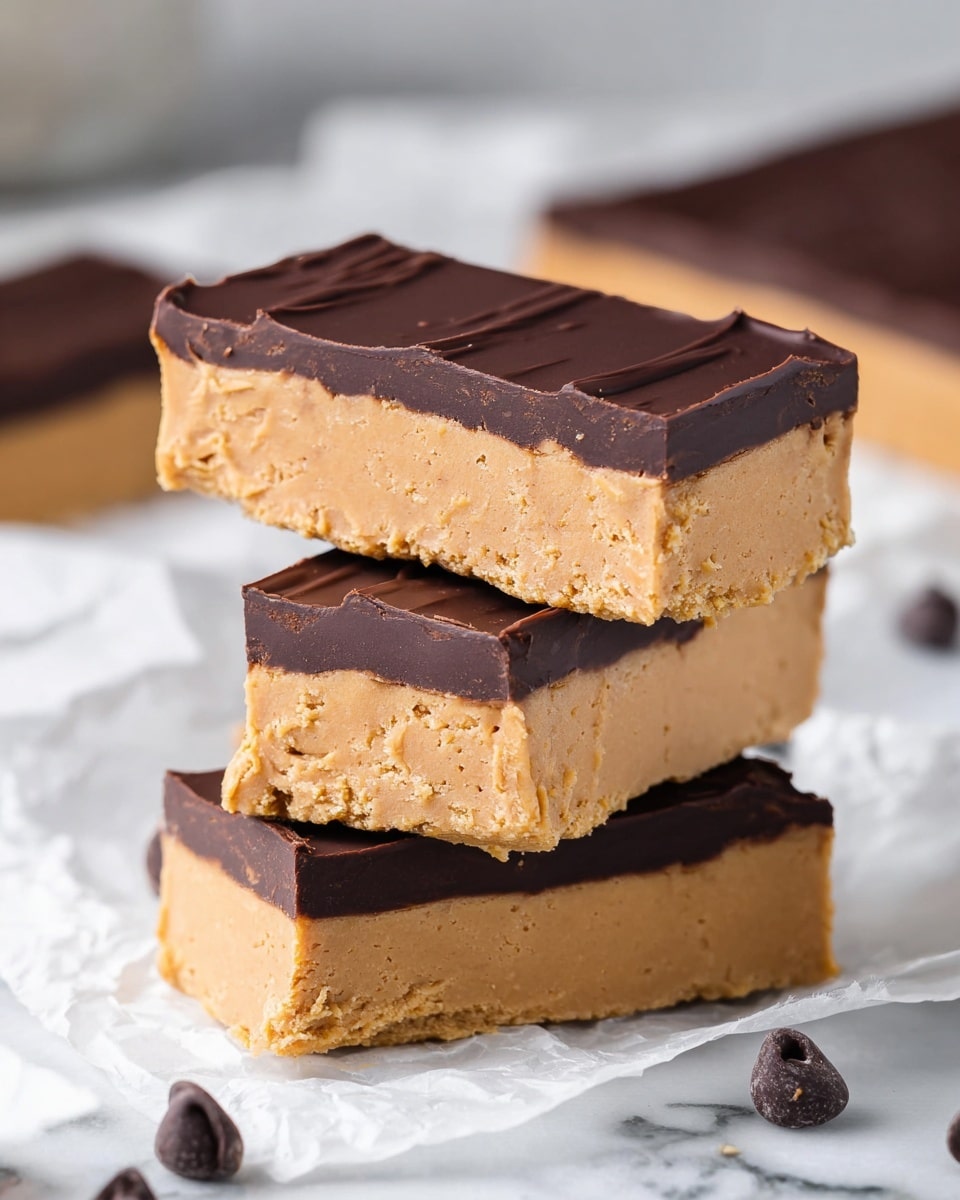 A close-up of three stacked peanut butter bars on crinkled white paper with a white marbled background. Each bar has two main layers: a thick, creamy, light brown peanut butter base with a slightly crumbly texture, and a thin, smooth, dark brown chocolate layer on top with slight waves. Around the bars are a few scattered dark chocolate chips, adding extra contrast. Photo taken with an iphone --ar 4:5 --v 7