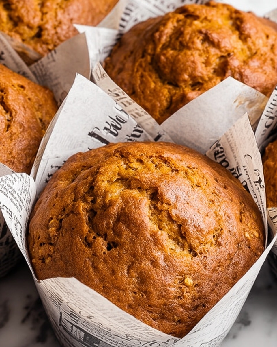 A close-up image of tall, round muffins with a golden brown, slightly cracked top texture. Each muffin is wrapped in white paper with black text, resembling newspaper print, positioned neatly inside a muffin tray. The muffins have a moist, crumbly surface with visible small lumps and a warm, inviting color. The background is a white marbled texture. Photo taken with an iphone --ar 4:5 --v 7