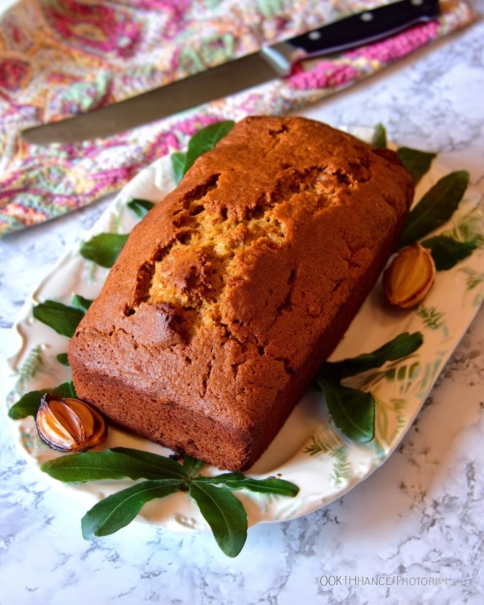 A golden brown loaf cake with a cracked top sits on a white plate decorated with green leaves and two roasted garlic cloves. The loaf has a rough texture with visible air pockets and a slightly darker crust around the edges. Behind the plate, there is a black-handled knife resting on a colorfully patterned cloth on a white marbled surface. photo taken with an iphone --ar 4:5 --v 7