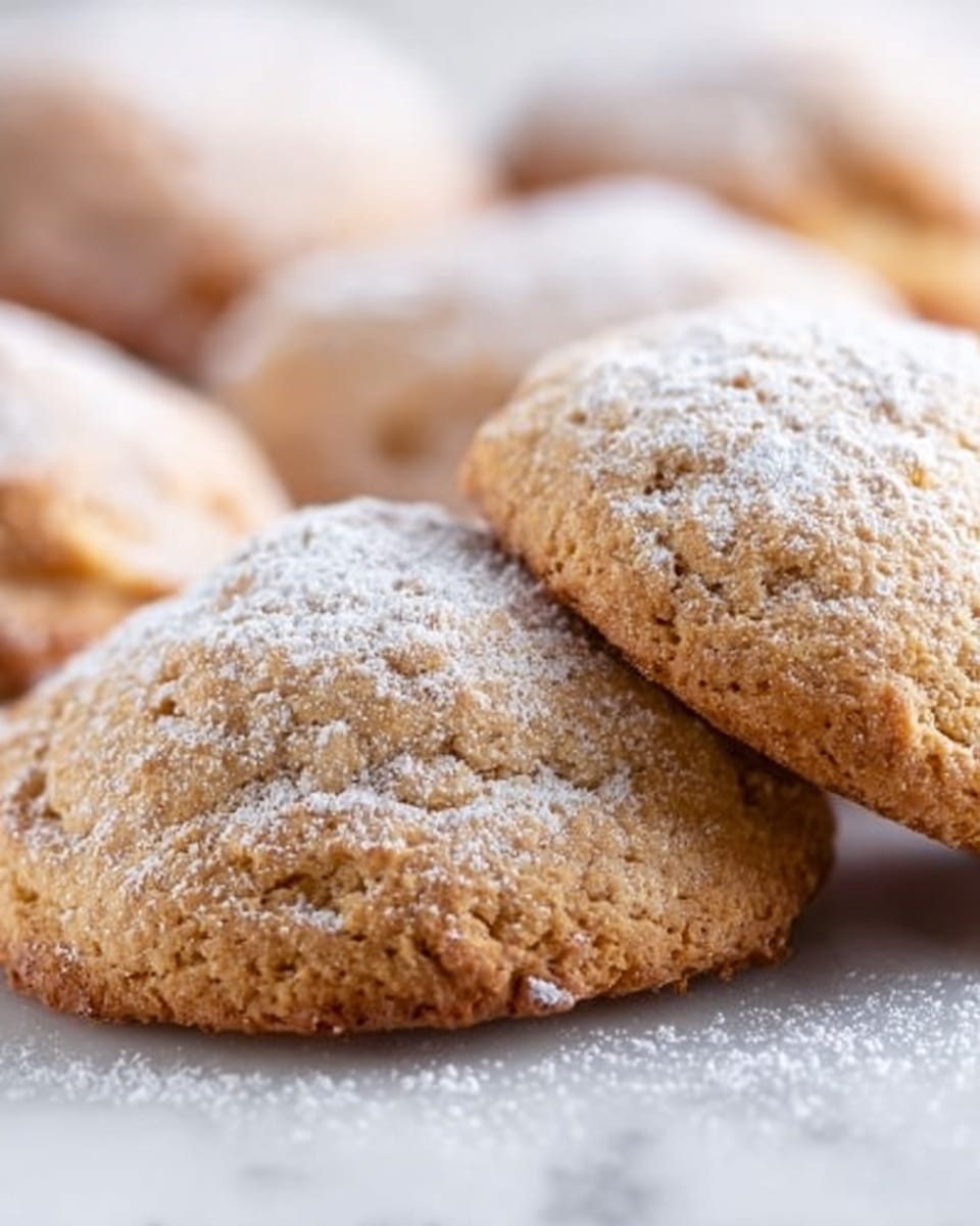 The image shows a close-up of two golden brown cookies resting on a light surface. One cookie leans against the other, with a soft, slightly cracked texture on top. Both cookies are dusted lightly with white powdered sugar, which contrasts gently with their warm tones. The background features more blurred cookies placed on a white marbled surface, adding depth to the image. The overall look is cozy and inviting, focusing on the simple texture and color of the cookies. photo taken with an iphone --ar 4:5 --v 7