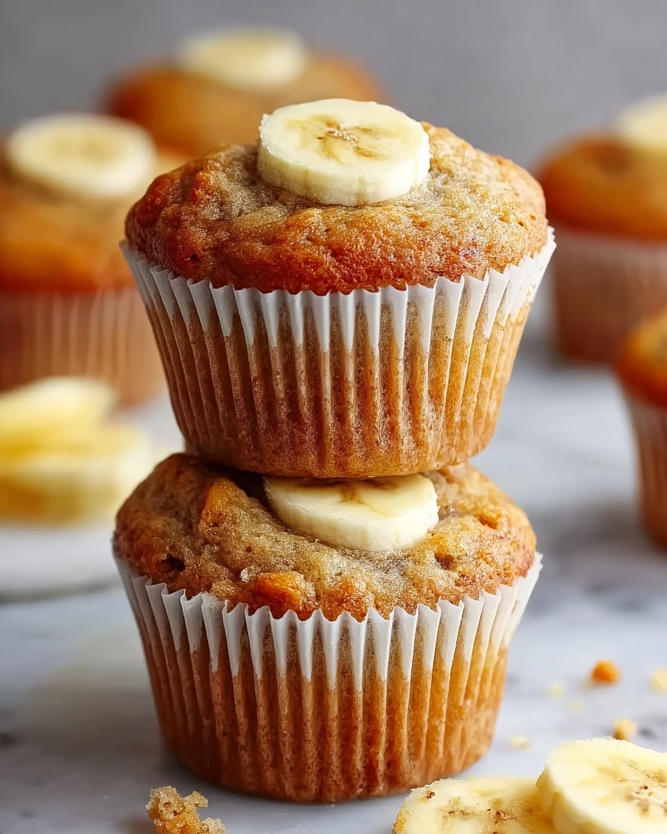 Two banana muffins are stacked on top of each other on a white marbled surface. The bottom muffin is golden brown and slightly rounded at the top with a moist texture, while the top muffin is similar but has a banana slice placed directly on its domed surface. Another banana slice rests between the two muffins, showing a creamy light yellow color with small brown seeds in the center. In the blurred background, more muffins can be seen sitting on the white marbled surface. A few scattered crumbs and banana slices lie around the muffins, adding detail to the scene. Photo taken with an iphone --ar 4:5 --v 7