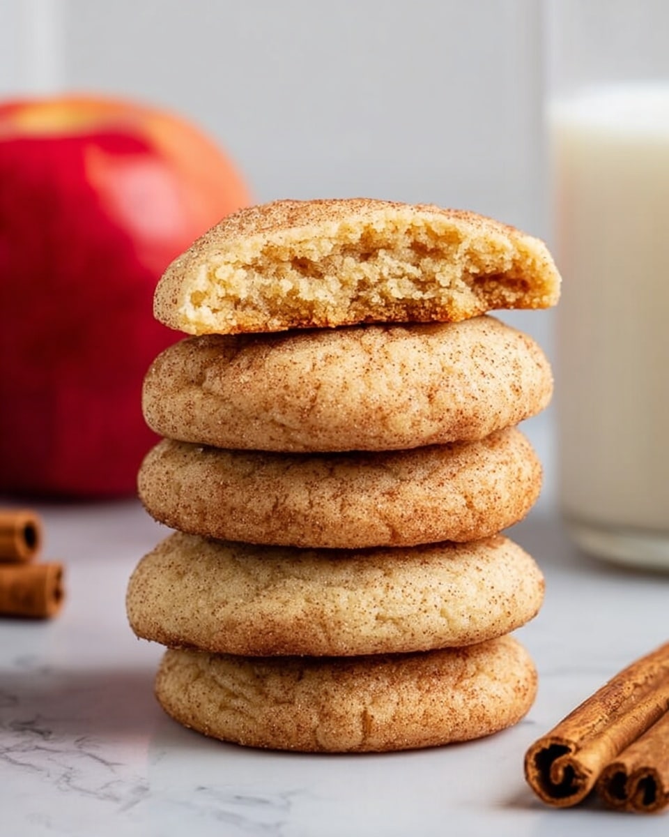 A stack of four light brown cookies is shown, with the top cookie broken in half to reveal a soft, crumbly texture inside; the cookies have a slightly rough surface and are evenly round. The stack sits on a white marbled surface with a glass of milk blurred in the background on the right, a red apple on the left, and a few cinnamon sticks near the glass. photo taken with an iphone --ar 4:5 --v 7