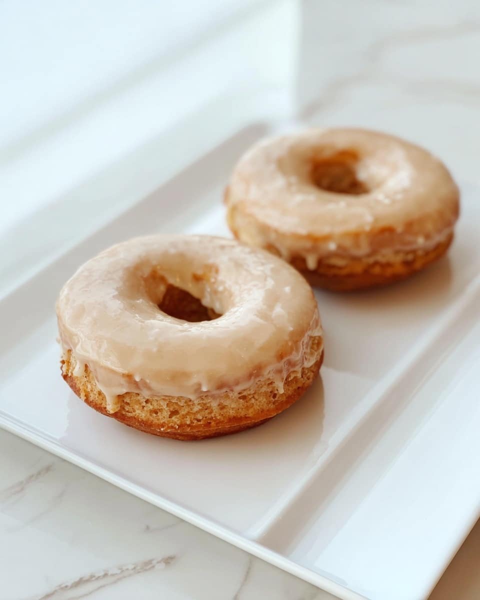 Two small donuts sit on a white rectangular plate over a white marbled surface. Each donut has one layer of light brown baked dough with a slightly rough texture and a top layer of smooth, shiny, pale beige glaze that drips slightly down the sides. The donuts are placed apart, with one closer to the front and the other slightly blurred in the background. Photo taken with an iphone --ar 4:5 --v 7