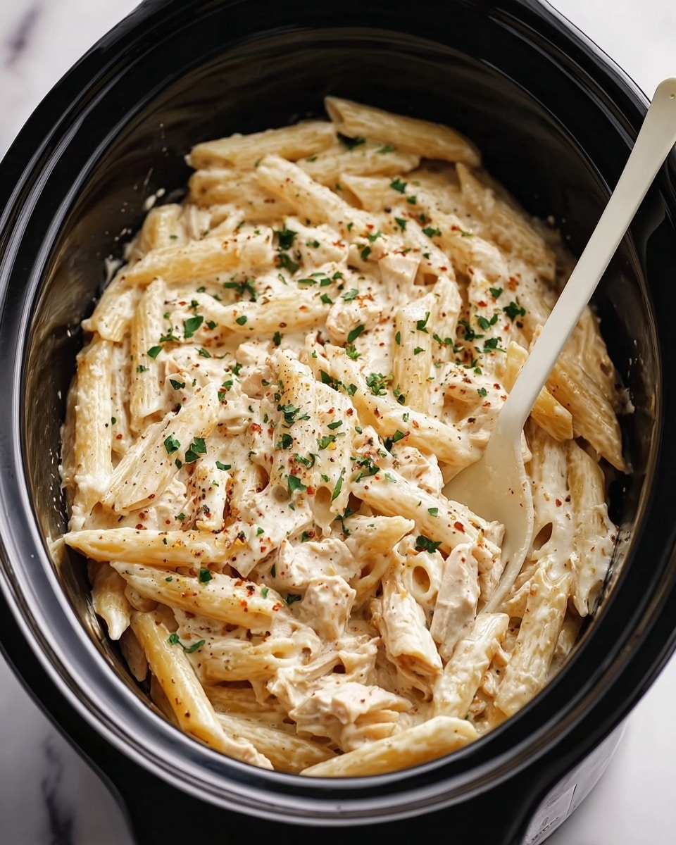 This image shows a pot filled with creamy penne pasta mixed with pieces of white chicken. The pasta and chicken are coated in a thick white sauce speckled with black pepper and small bits of red seasoning. Green herb flakes are scattered over the top, adding color contrast. A white plastic fork is partially inside the pot, resting among the pasta. The background has a white marbled texture. photo taken with an iphone --ar 4:5 --v 7