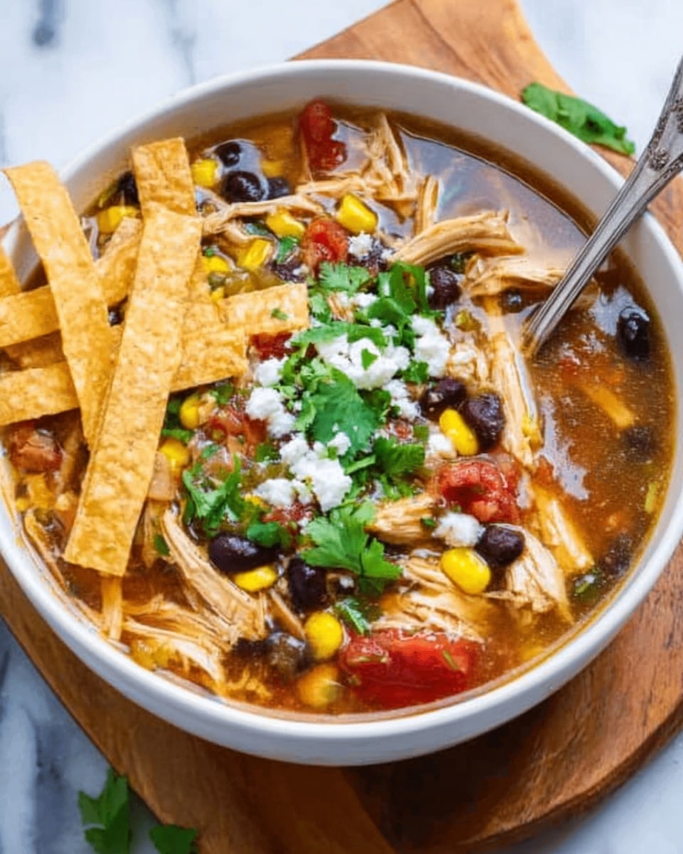 A white bowl filled with a clear, brown broth layered with bright yellow corn kernels, black beans, shredded light brown chicken, and chunky red tomato pieces. On top, there is a sprinkle of crumbled white cheese and fresh green cilantro leaves. A stack of thin, crispy golden tortilla strips is placed on one side of the bowl, with a silver spoon resting inside. The bowl sits on a wooden board on a white marbled surface. photo taken with an iphone --ar 4:5 --v 7