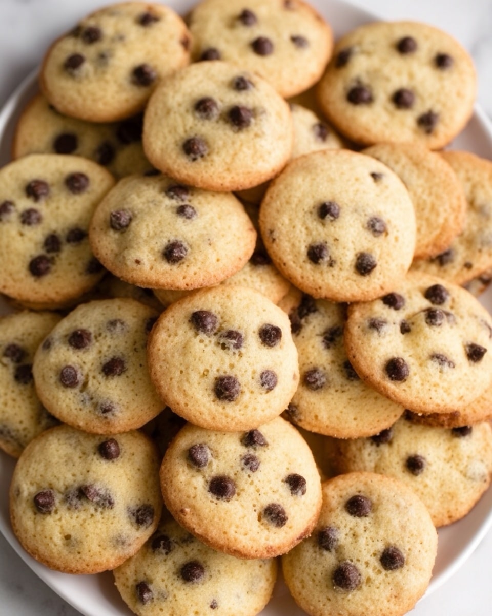 The image shows a white plate full of small, round chocolate chip cookies. Each cookie is light golden brown with dark chocolate chips scattered throughout the surface. The cookies are stacked closely together, covering the entire plate. The background features a white marbled texture that highlights the warm color of the cookies. The photo taken with an iphone --ar 4:5 --v 7