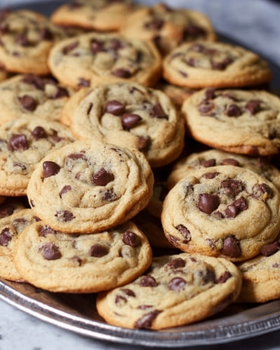 The image shows a tray full of round chocolate chip cookies, all stacked close together. Each cookie has a golden-brown base with slightly darker edges and is covered with many melted dark brown chocolate chips. The cookies have a soft texture, with small cracks visible on the surface. The tray is silver and set on a white marbled table. The light highlights the warm, inviting look of the cookies, making them appear fresh and tasty. Photo taken with an iphone --ar 4:5 --v 7