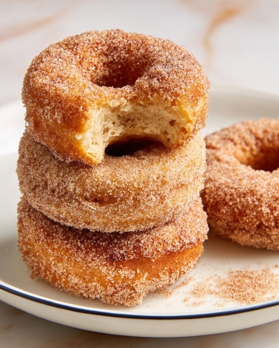 The image shows three golden-brown sugar-coated donuts stacked on a white plate with a thin black rim, placed on a white marbled surface. The donut on top has a bite taken out of it, revealing a soft, fluffy, and slightly crumbly inside with a light yellow color. The sugar coating on the donuts glistens, giving a grainy texture. The overall look is simple and inviting, with a focus on the texture and shape of the donuts. Photo taken with an iphone --ar 4:5 --v 7