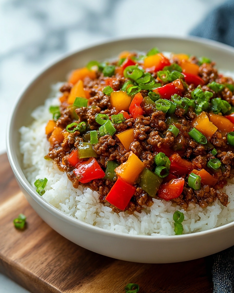 A white bowl filled with a base layer of fluffy white rice, topped with a colorful mix of cooked ground beef and diced bell peppers in red, yellow, and green, coated in a shiny brown sauce. The beef and vegetable mix is garnished with finely chopped green herbs and sliced green onions, creating a vibrant and fresh look. The bowl sits on a wooden surface with a white marbled background softly blurred. photo taken with an iphone --ar 4:5 --v 7