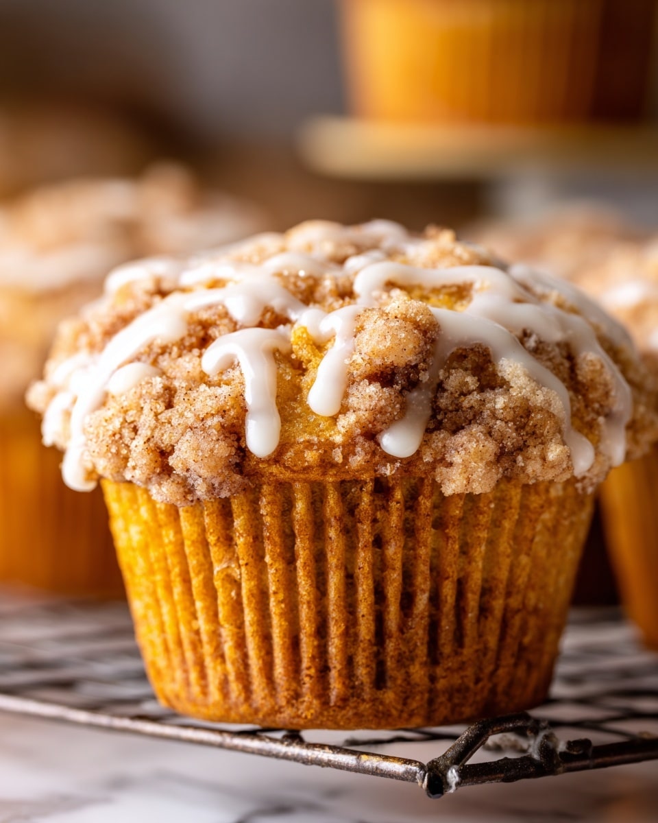 A close-up image of a single muffin sits on a wire rack, showing a golden-brown textured top with crumbly streusel and drizzles of white icing. The muffin’s body is a warm brown with visible vertical ridges from the paper liner. The background is softly blurred, hinting at more muffins behind it, all on a white marbled surface. The lighting highlights the crumbly top and creamy icing texture. Photo taken with an iphone --ar 4:5 --v 7