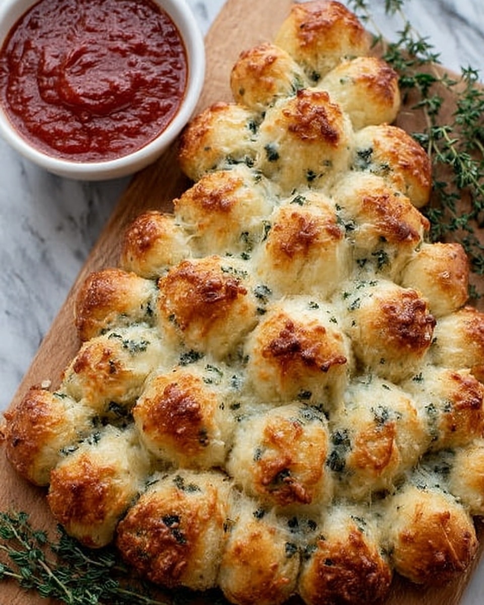 The image shows a baked bread shaped like a Christmas tree, made of small, round bread balls stuck together in a layered triangular form. Each bread ball is golden brown on top with a slightly glossy texture and sprinkled with bits of green herbs that look like rosemary. The bread balls form about six visible layers, with each layer getting smaller from the wide base to the pointed top. To the left, there is a small white bowl filled with rich red tomato sauce. The background is a wooden surface with some sprigs of rosemary to the right side. Photo taken with an iphone --ar 4:5 --v 7