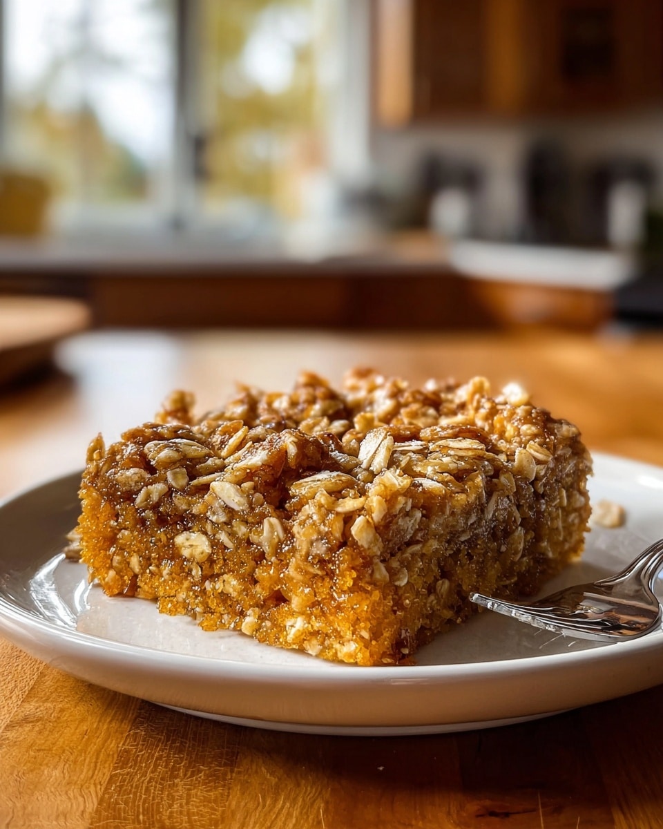A thick, square slice of a golden brown oat bar sits on a white plate with a glossy silver fork resting beside it on the right. The bar has visible rolled oats layered throughout and a slightly crumbly, textured top sprinkled with more oats. The sides show a dense, moist interior with an orange-brown hue, suggesting a baked, chewy consistency. The plate is placed on a warm-toned wooden surface, and the background is softly blurred with a kitchen setting featuring a window and cabinets. Photo taken with an iphone --ar 4:5 --v 7