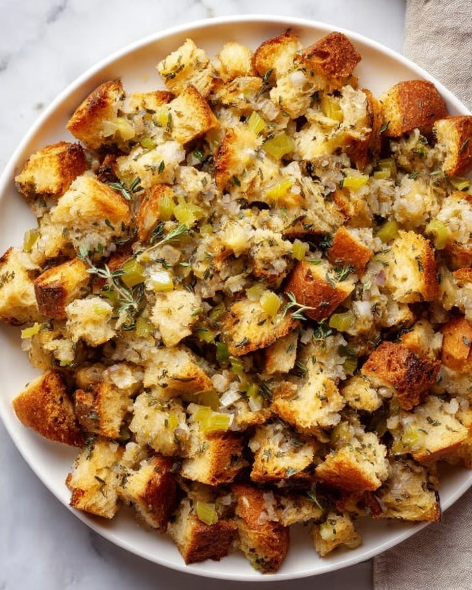 The image shows a white plate filled with one single layer of stuffing, made of torn pieces of toasted bread in shades of golden brown. Among the bread pieces, there are finely chopped cooked onions and celery in light translucent white and pale green colors, mixed with finely chopped herbs that add specks of dark green throughout. The texture appears soft with some crunchy edges on the bread pieces, and the stuffing looks moist but not soggy. The plate is set on a white marbled surface. photo taken with an iphone --ar 4:5 --v 7