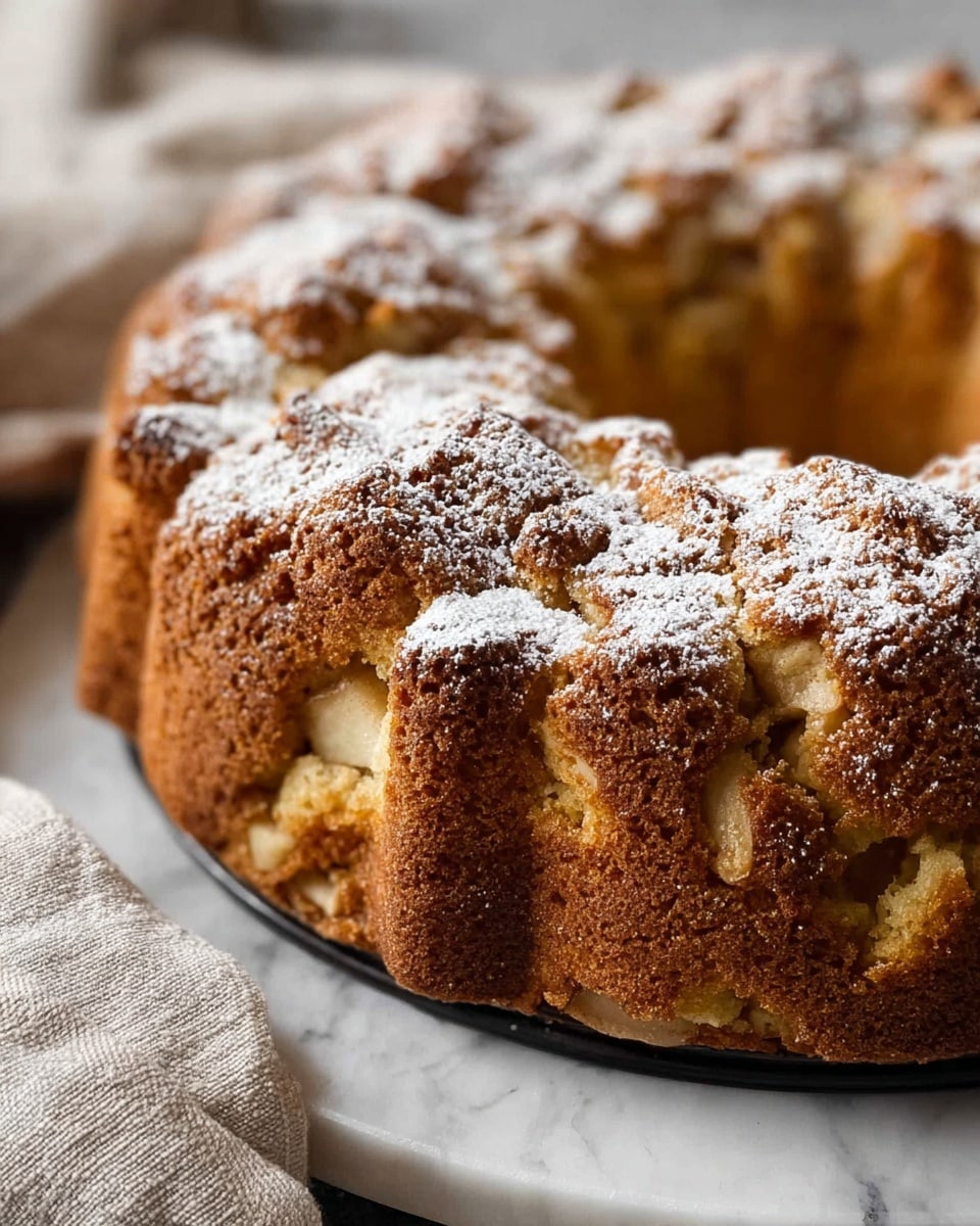 A close-up of a thick, round bundt cake with a golden-brown crust and uneven, bumpy texture on top. The cake shows visible chunks of light beige apple pieces inside the layers, with the cake dough appearing moist and dense. It is dusted lightly with white powdered sugar, adding a soft contrast on the darker golden crust. The cake sits on a white marbled surface and is placed on a black round pan, with a soft textured beige cloth nearby. photo taken with an iphone --ar 4:5 --v 7