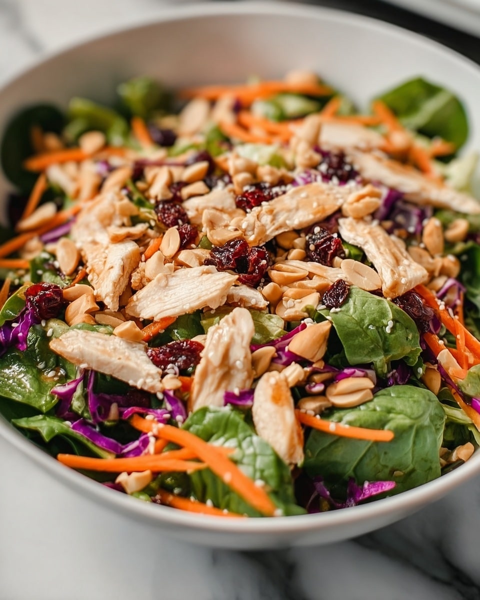 This image shows a fresh salad in a white bowl placed on a white marbled texture. The base layer is made of dark green leafy spinach, mixed with thin strips of orange carrots and light purple cabbage. On top of this, there are shredded white chicken pieces spread evenly. Scattered over the salad are light brown peanuts and red dried cranberries, adding texture and color. The salad looks crisp and colorful, with a mix of soft and crunchy elements. photo taken with an iphone --ar 4:5 --v 7