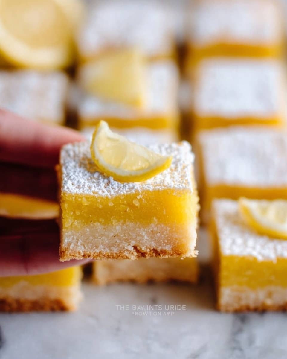 The image shows a close-up of a square lemon bar held by a woman's hand in the middle, with a thick base layer that looks crumbly and pale yellow, topped with a smooth, bright yellow lemon filling layer. Surrounding the held bar are other lemon bars with a dusting of white powdered sugar on top, with one piece partially topped by a small lemon wedge. The bars are set on a white marbled textured surface, and the focus is sharp on the held bar, showing detailed textures of both layers. photo taken with an iphone --ar 4:5 --v 7